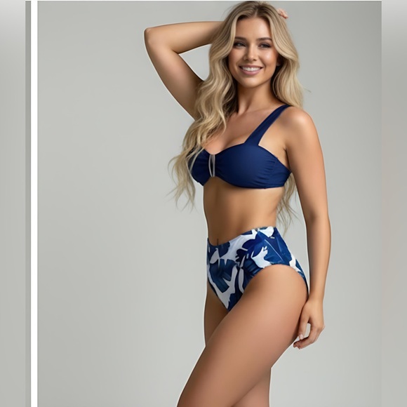 High Waist Blue Tropical Print Bikini Swimsuit - Picture 4 of 8